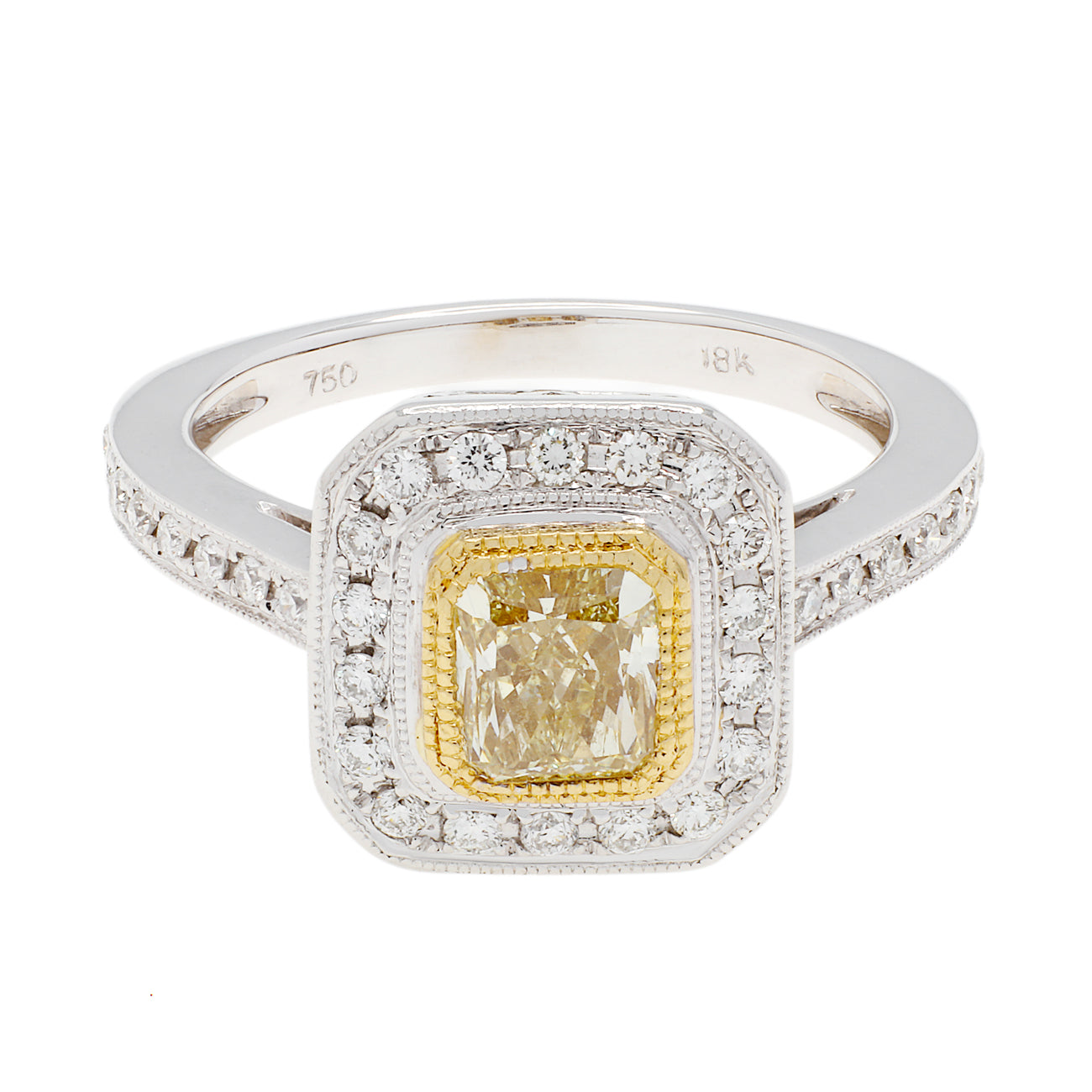Exclusive 18K White Gold 0.78 Carat Fancy Intense Yellow Diamond Octagonal Ring — 4.5 — Front View