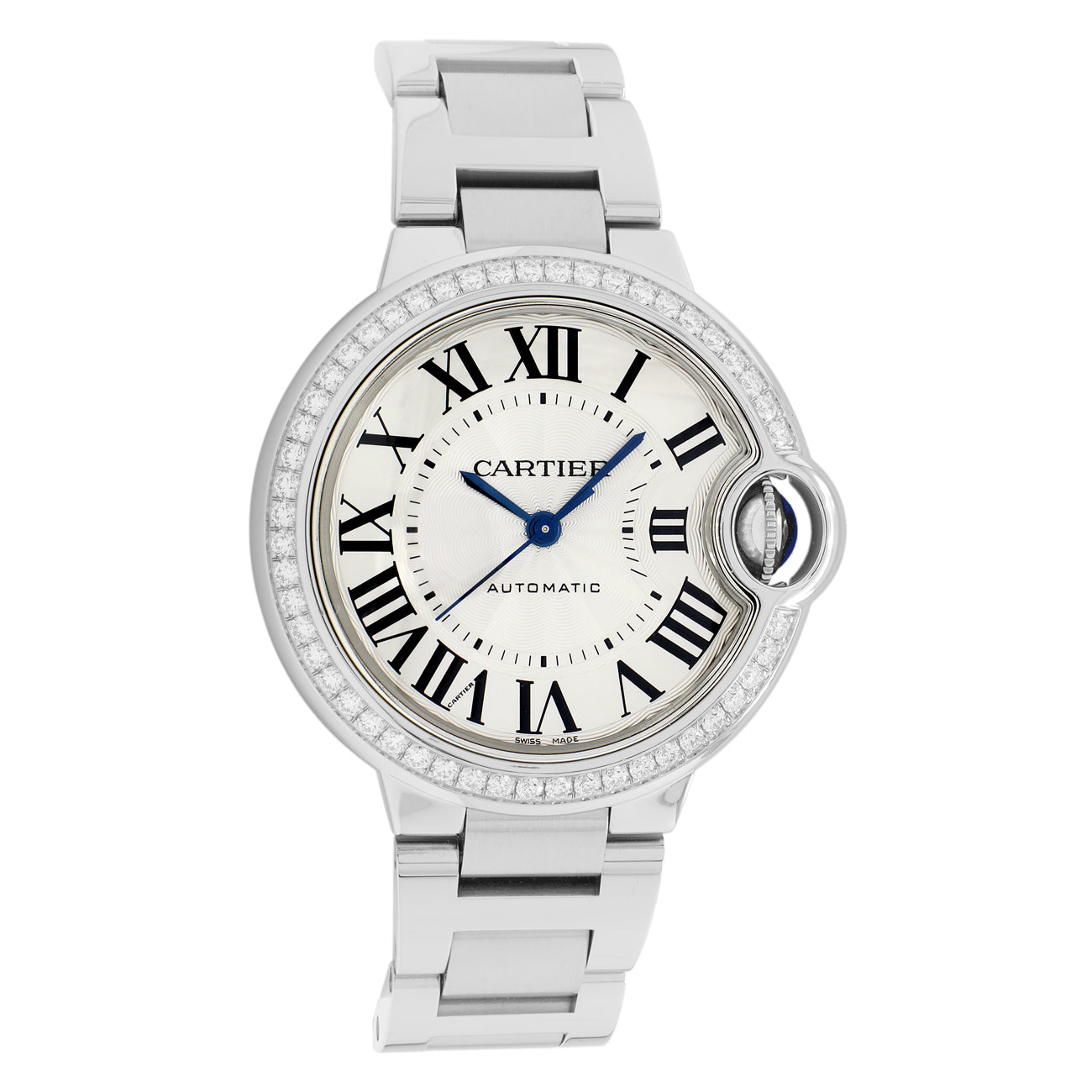 Exclusive Cartier Stainless Steel Diamond Ballon Bleu 33mm Automatic W4BB0023 — Front View