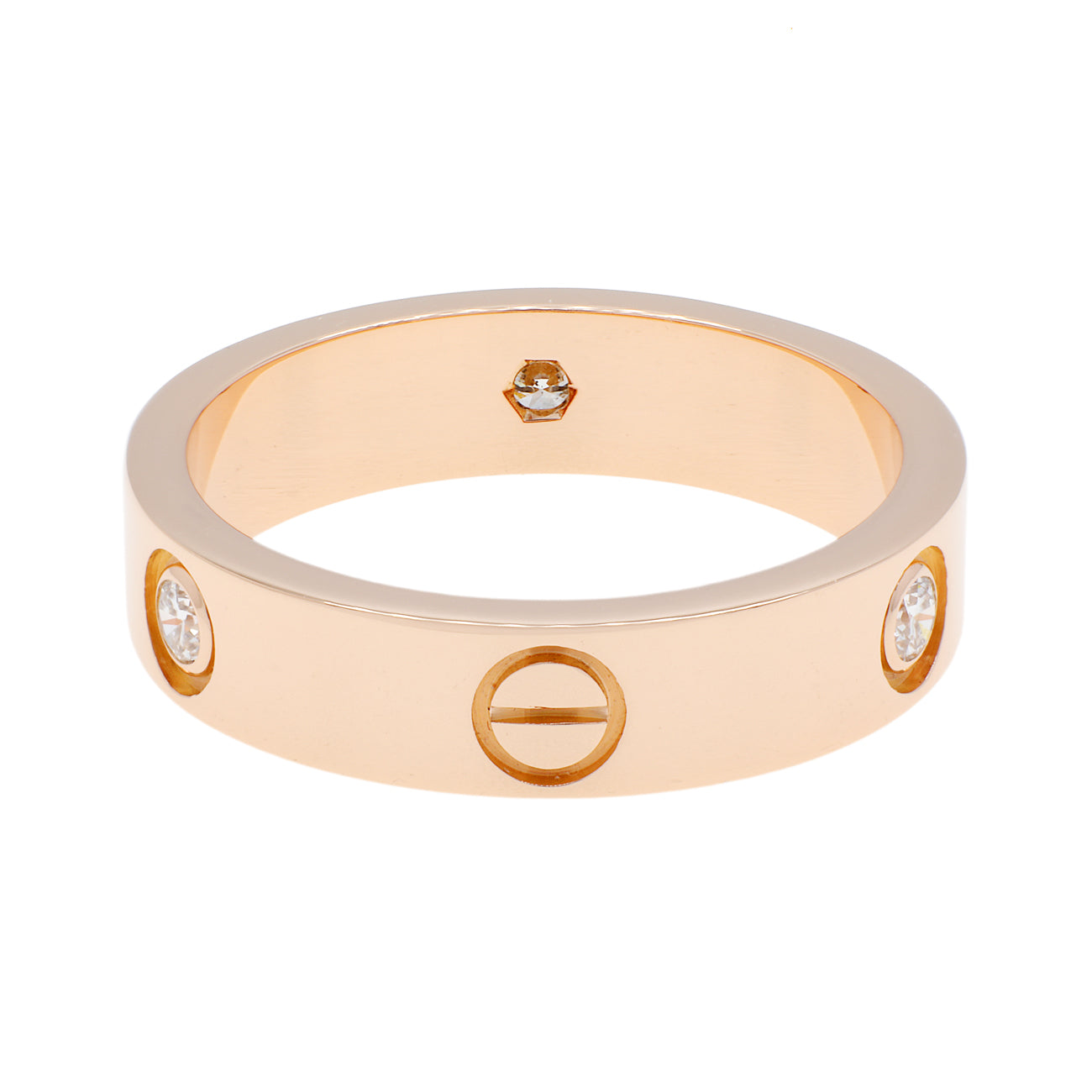 Exclusive Cartier 18K Rose Gold 3 Diamond Classic Love Ring — Side View