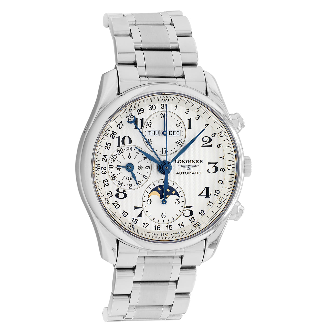Exclusive Longines Stainless Steel Master Collection Chronograph Mooonphase L2.673.4.78.6 — Front View