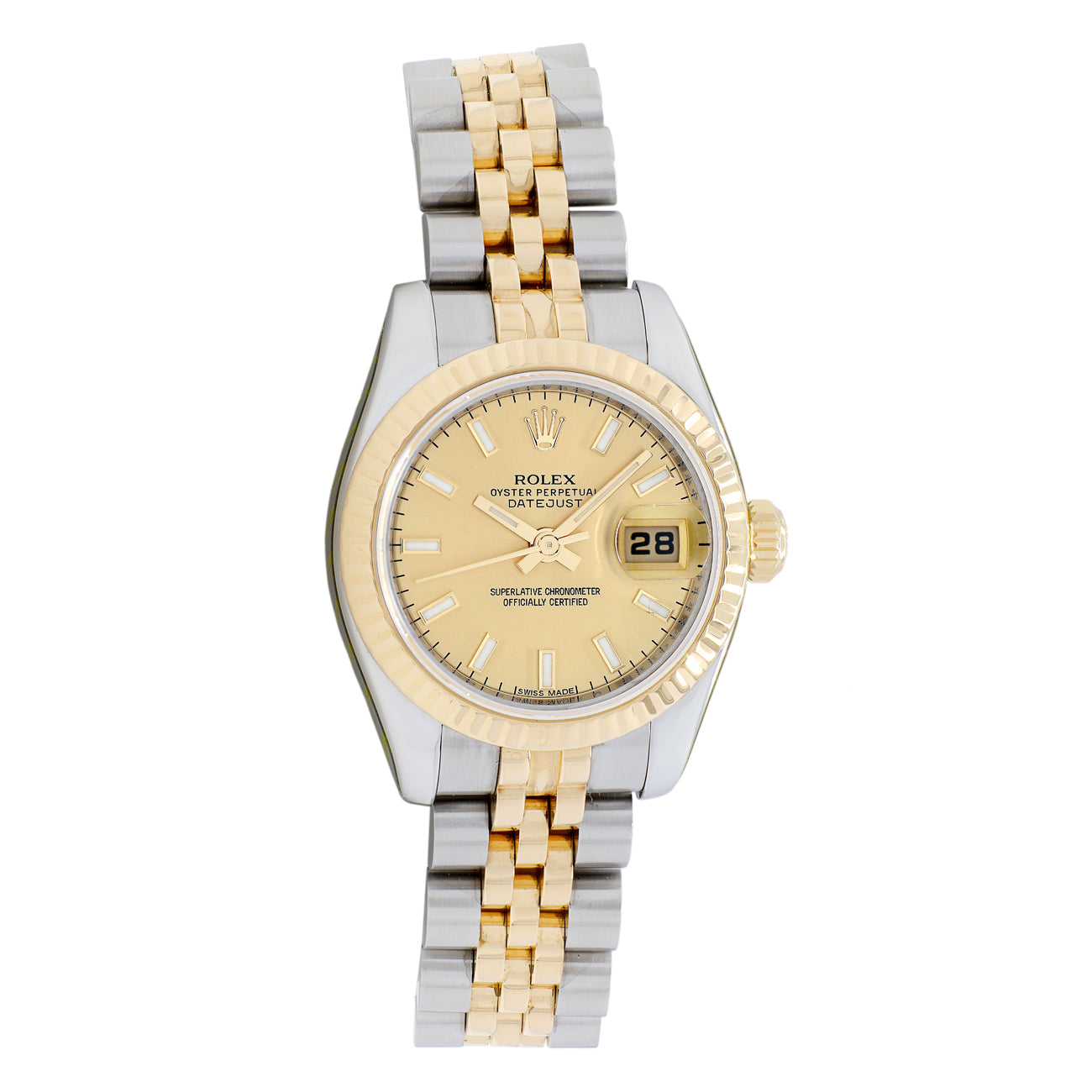 Exclusive Rolex Stainless Steel 18K Yellow Gold Datejust 26 179173 — Front View