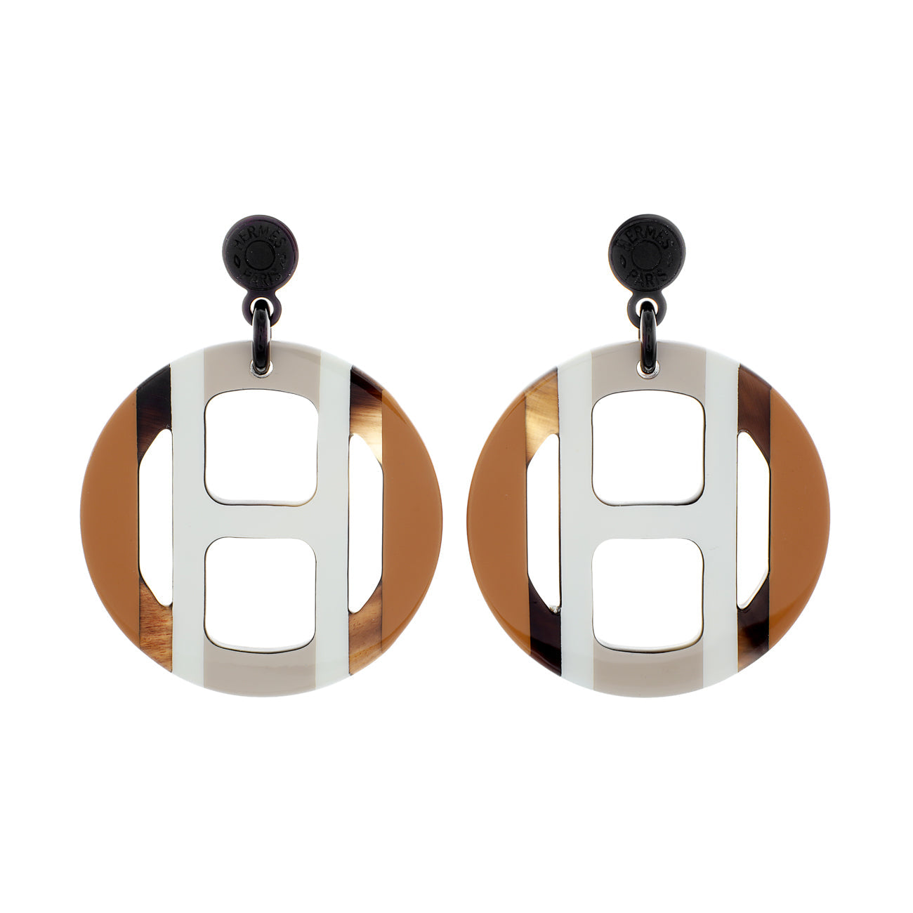 Exclusive Hermes Lacquered Horn H Equipe Earrings — Front View