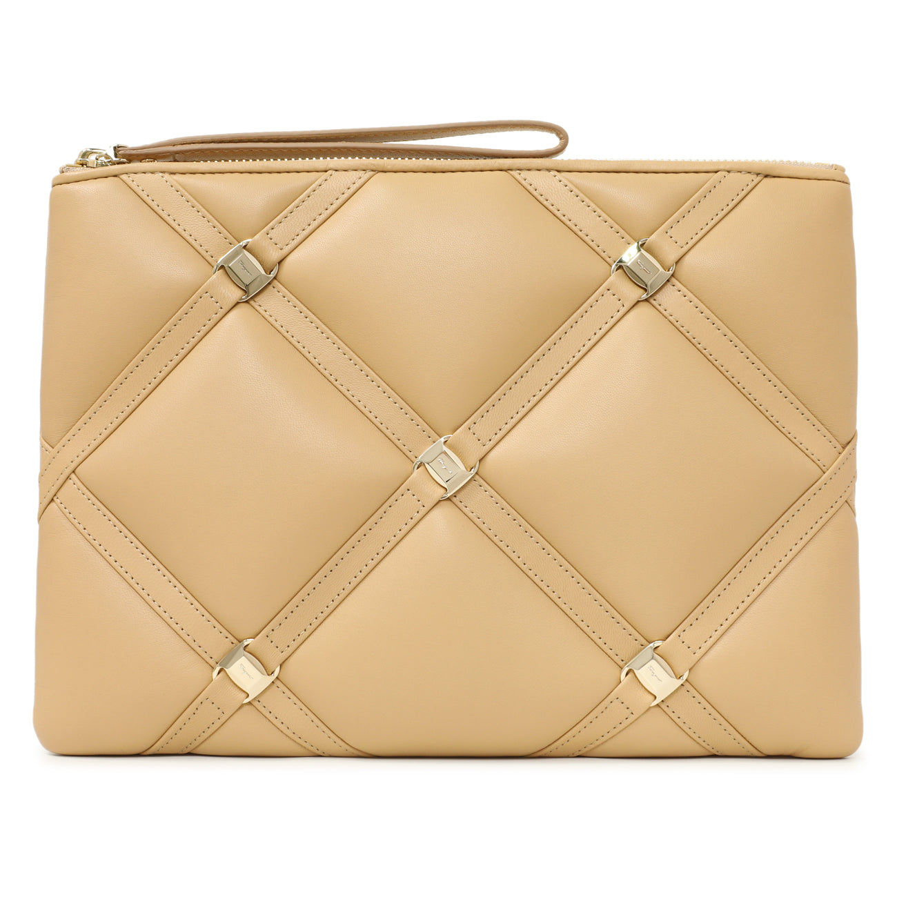 Exclusive Salvatore Ferragamo Almond Lambskin Clutch — Front View