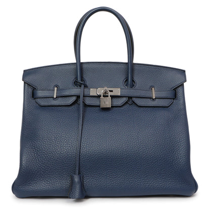 Exclusive Hermes Bleu Saphir Clemence Birkin 35 — Front View