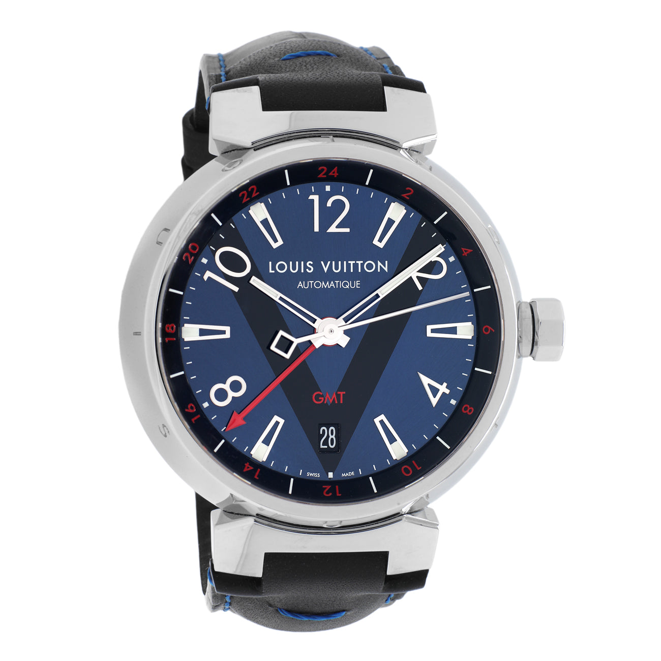 Exclusive Louis Vuitton Stainless Steel Tambour GMT Q1157 — Front View