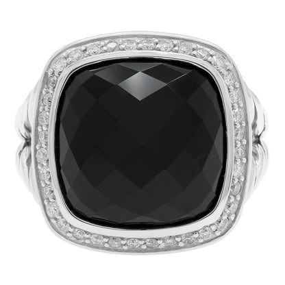 Exclusive David Yurman Sterling Silver Onyx Diamond 14mm Albion Ring — Front View