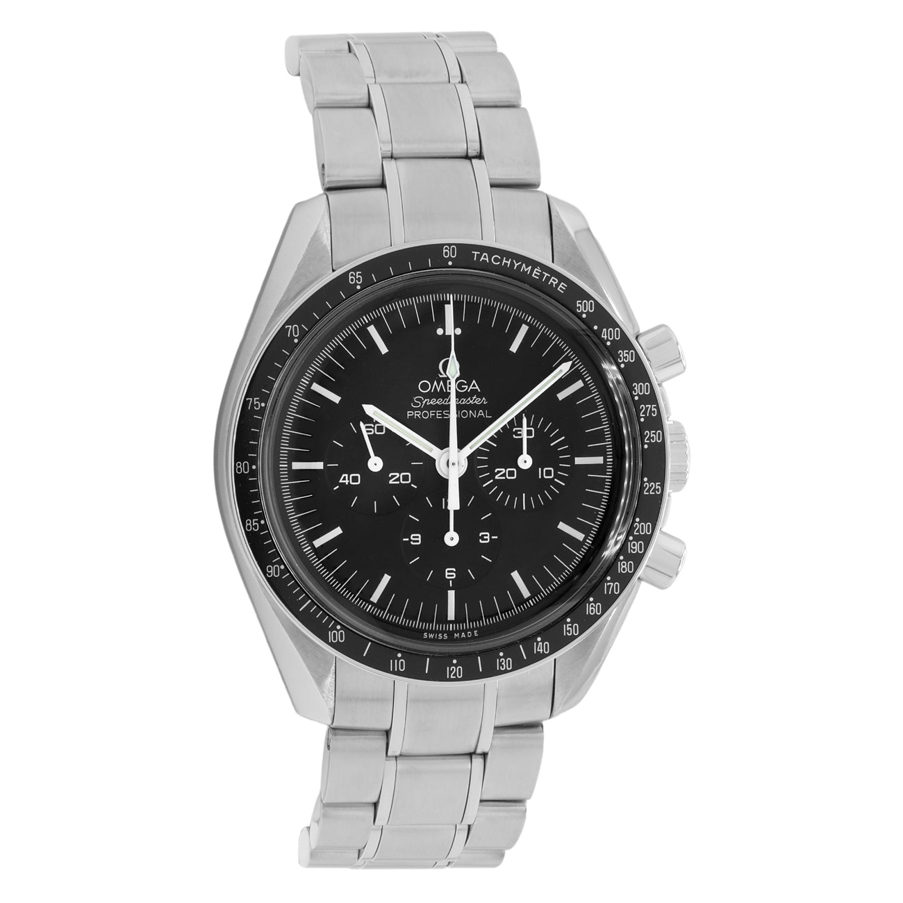 Exclusive Omega Stainless Steel Speedmaster Professional Moonwatch 311.30.42.30.01.005 — Front View