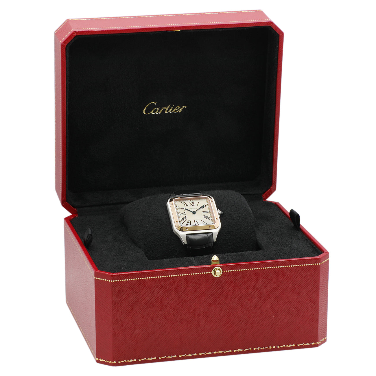 Exclusive Cartier Stainless Steel 18K Rose Gold Santos Dumont Quartz W2SA0011 — Lifestyle View