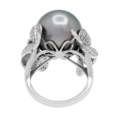 Exclusive 18K White Gold 14.1mm Tahitian Black Pearl Diamond Diamond Blossom Ring — 3.25 — Back View