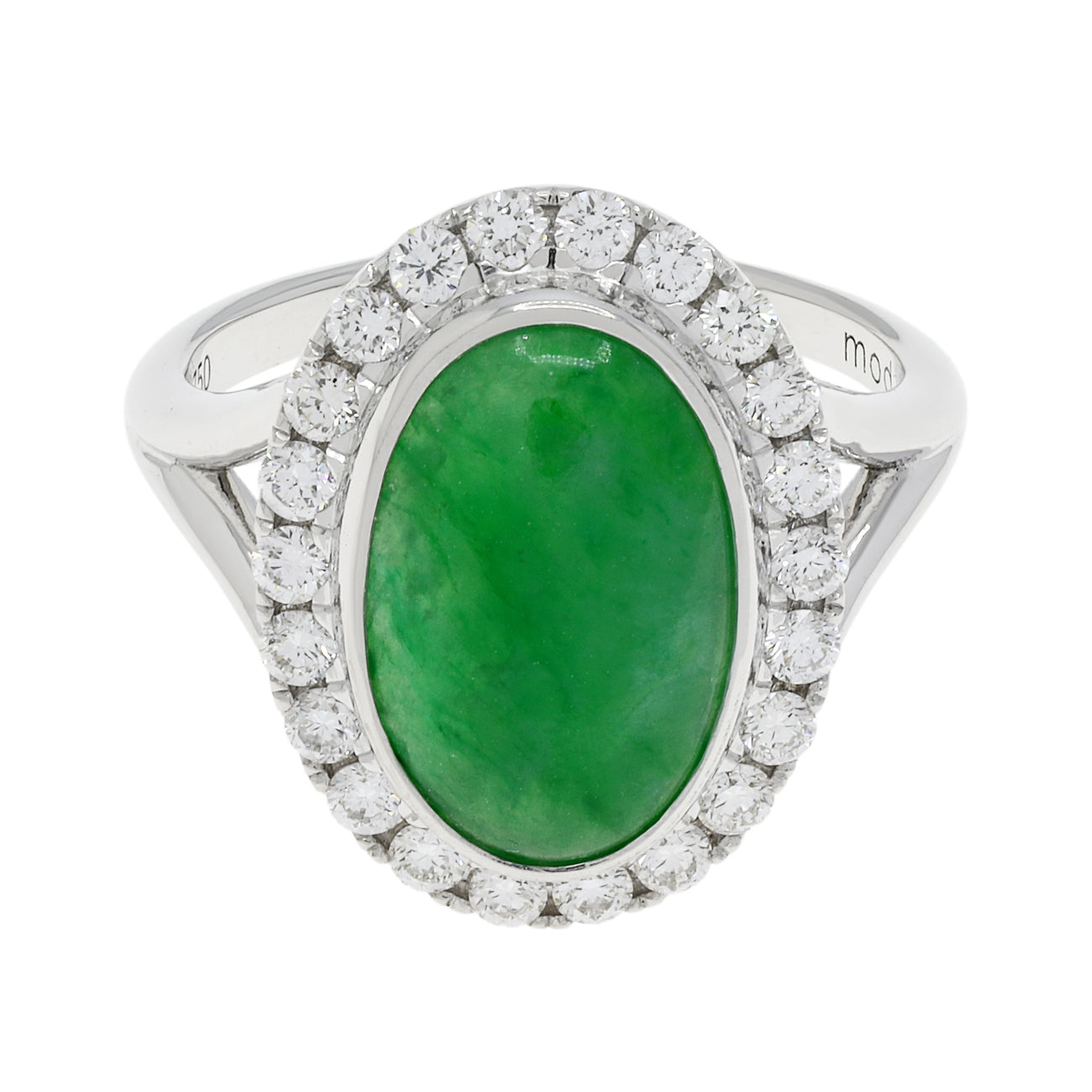 Exclusive 18K White Gold Cabochon Burmese Jadeite Halo Ring — 3.5 — Front View