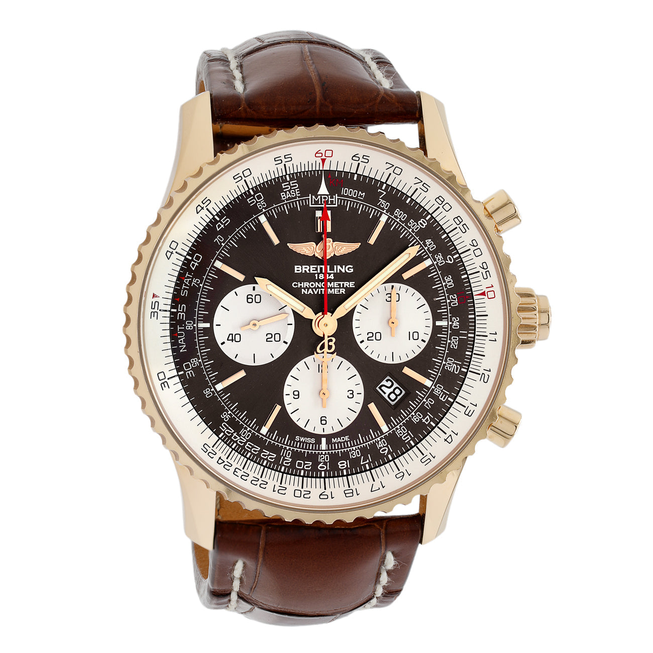 Exclusive Breitling 18K Rose Gold Navitimer Rattrapante RB0311 — Front View