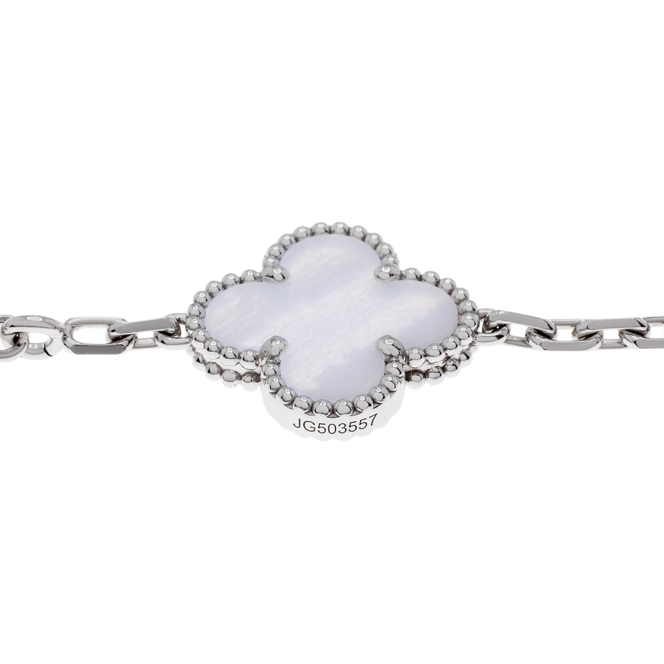 Exclusive Van Cleef & Arpels 18K White Gold Chalcedony 5 Motifs Vintage Alhambra Bracelet — Back View