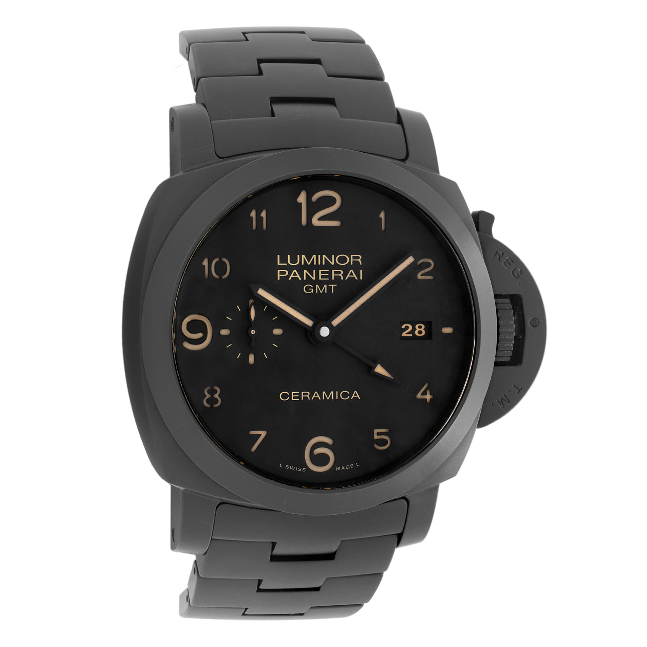 Exclusive Panerai Black Ceramic Luminor 1950 3 Days GMT PAM00438 — Front View