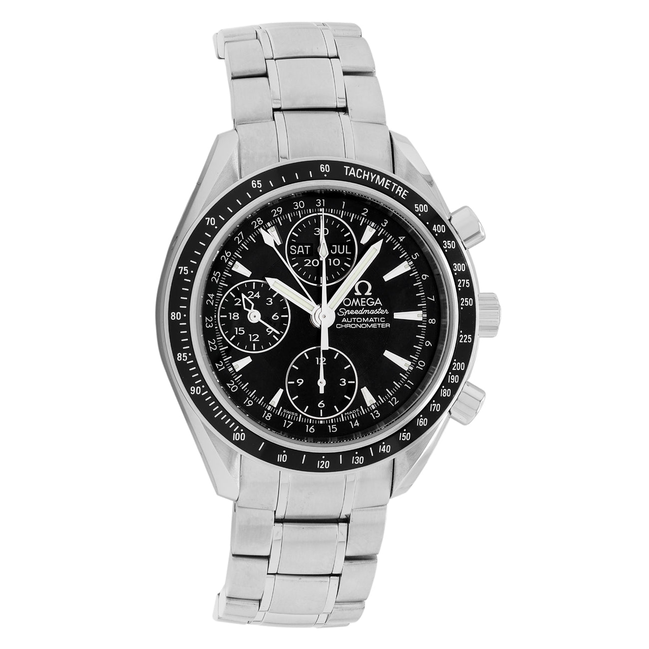 Exclusive Omega Stainless Steel Speedmaster Day Date 3220.50.00 — Front View