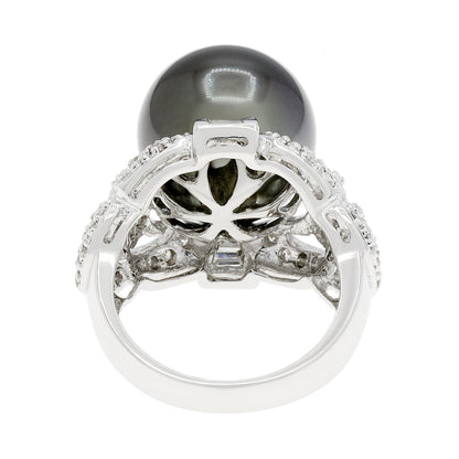 Exclusive 18K White Gold 12.58mm Tahitian Pearl Diamond Ring — 3.5 — Back View