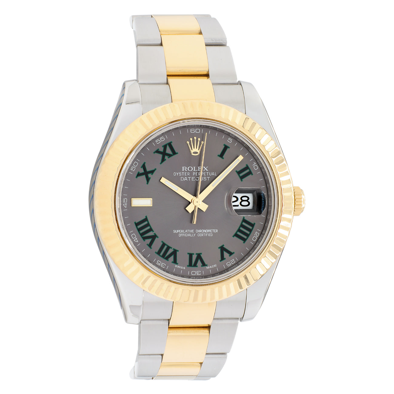Exclusive Rolex Stainless Steel 18K Yellow Gold 'Wimbledon' Datejust II 116333 — Front View