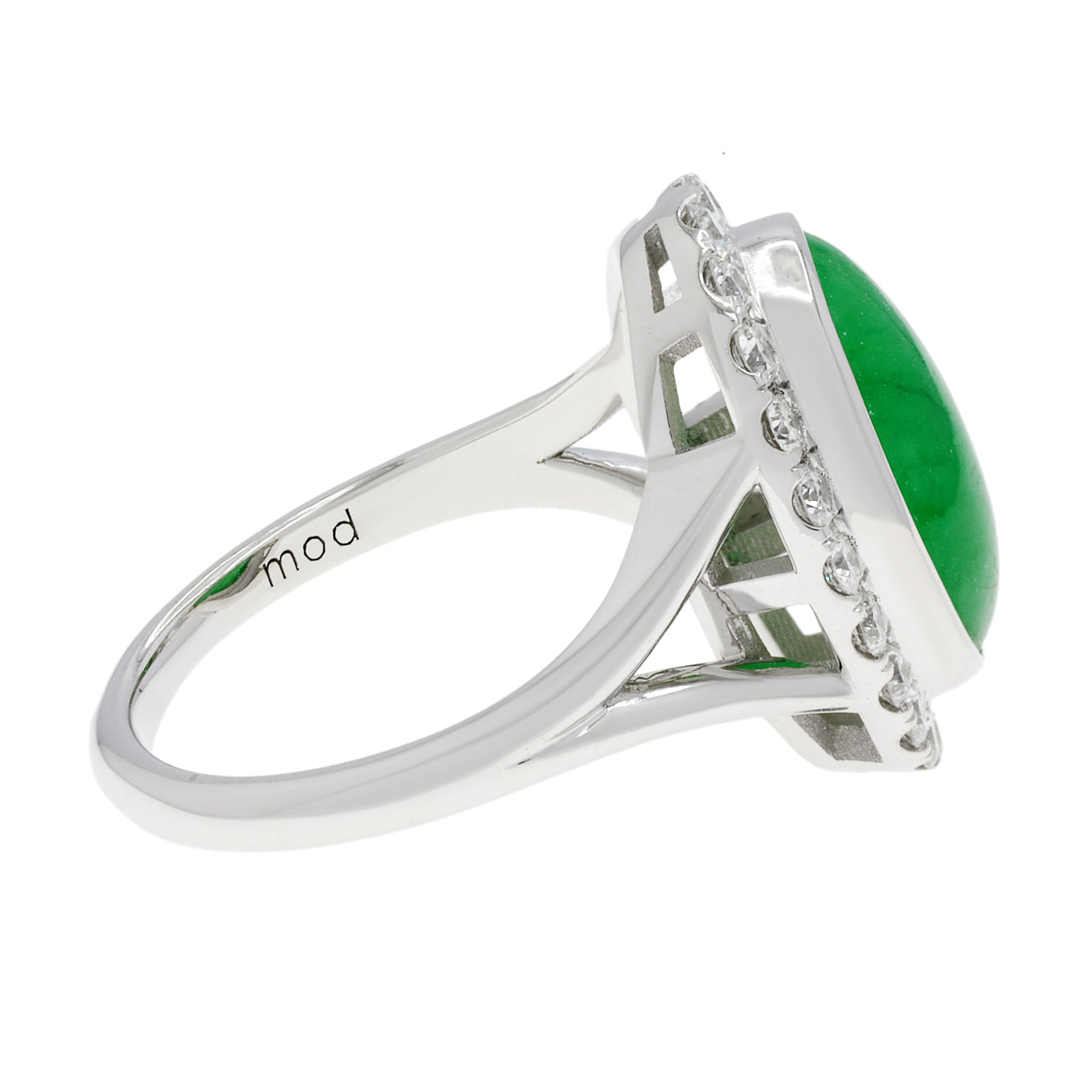 Exclusive 18K White Gold Cabochon Burmese Jadeite Halo Ring — 3.5 — Side View