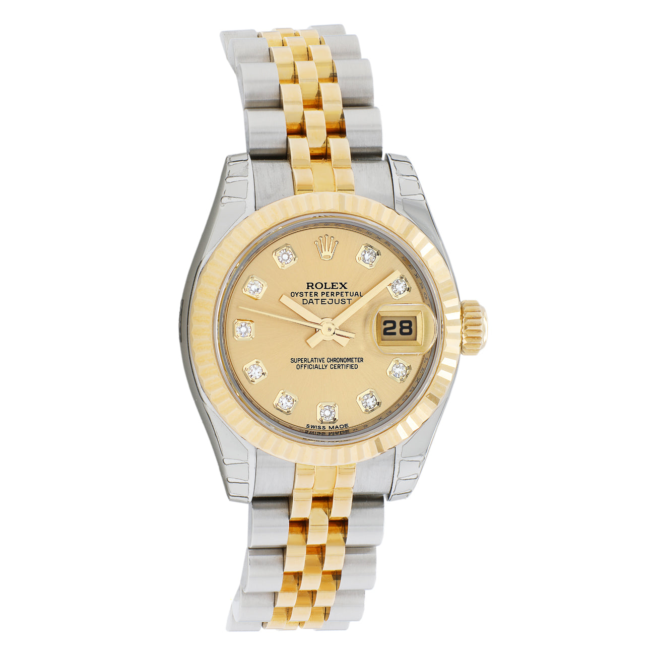 Exclusive Rolex Stainless Steel 18K Yellow Gold Diamond Datejust 26 179173 — Front View