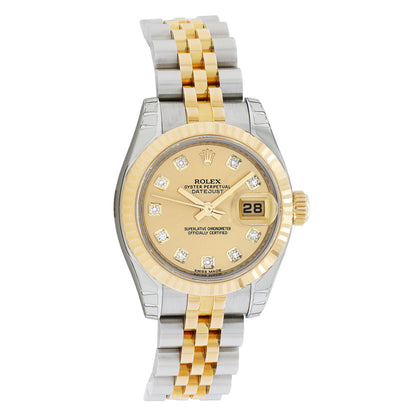 Exclusive Rolex Stainless Steel 18K Yellow Gold Diamond Datejust 26 179173 — Front View