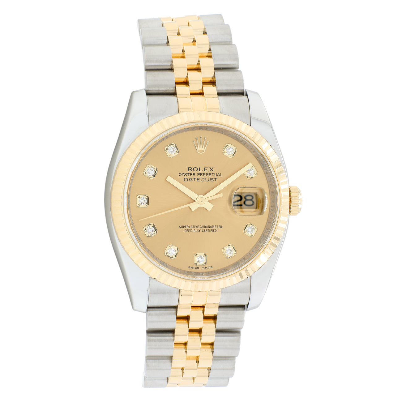 Exclusive Rolex 18K Yellow Gold Stainless Steel Diamond Datejust 36 116233 — Front View