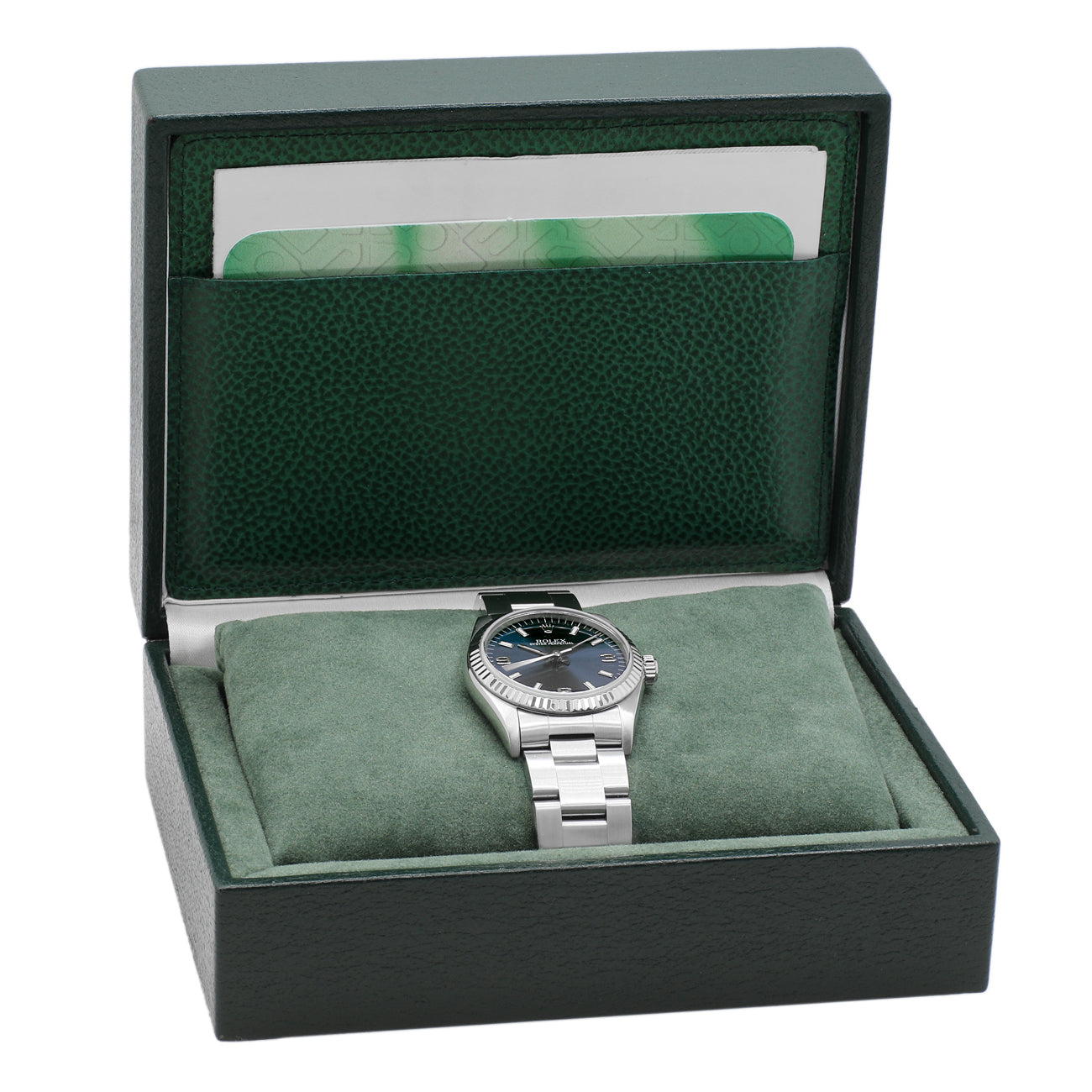 Exclusive Rolex Stainless Steel White Gold Oyster Perpetual 31 77014 — Detail View