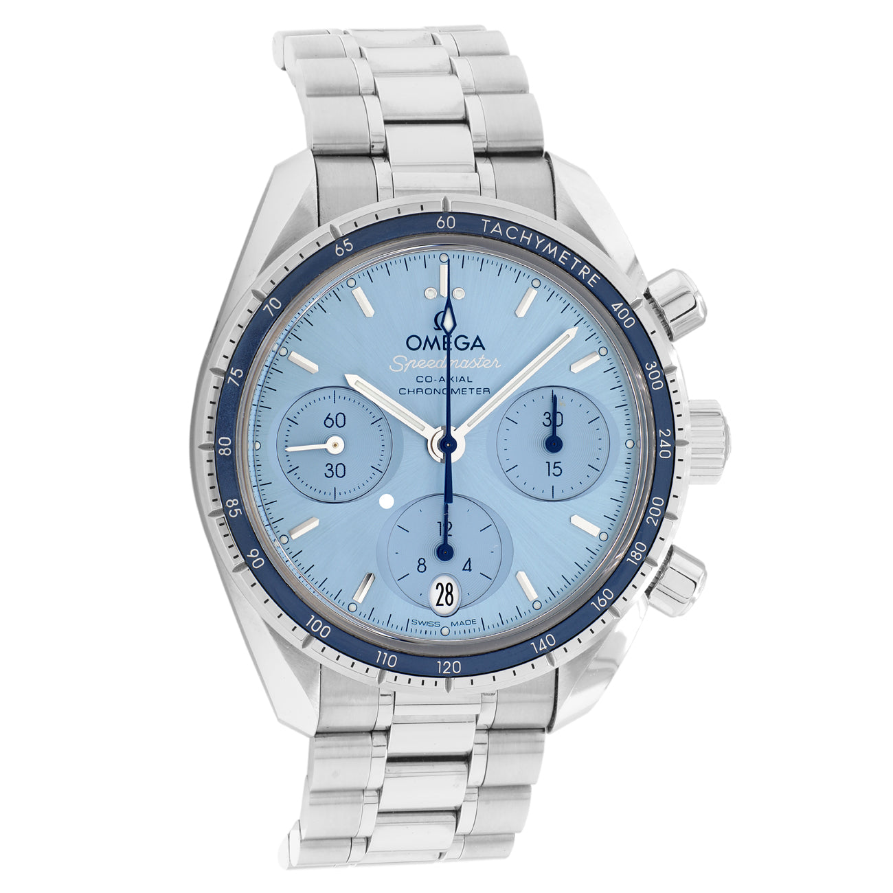 Exclusive Omega Stainless Steel Speedmaster 38 324.30.38.50.03.001 — Front View