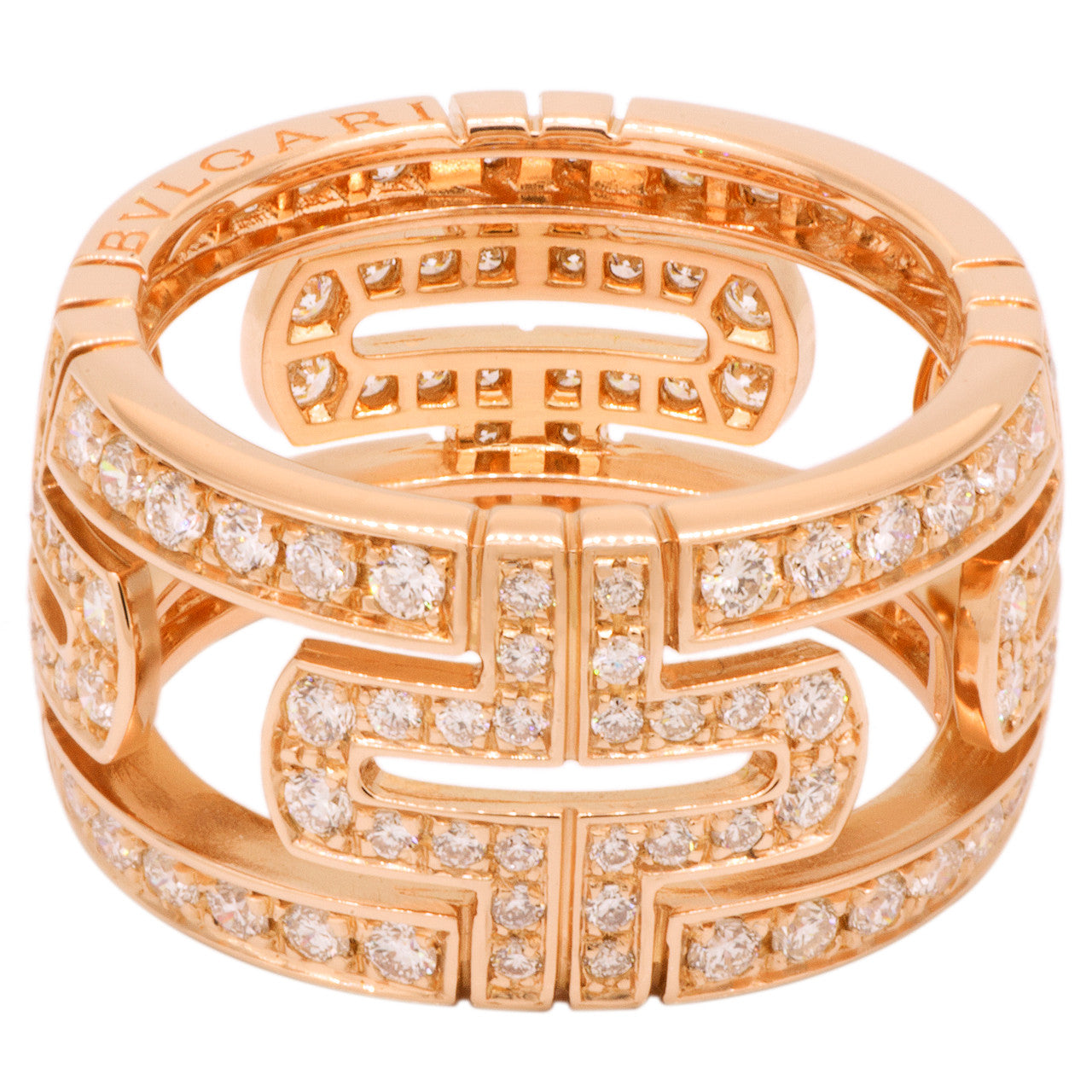 Exclusive Bulgari 18K Rose Gold Parentesi Pave Diamond Ring — Front View