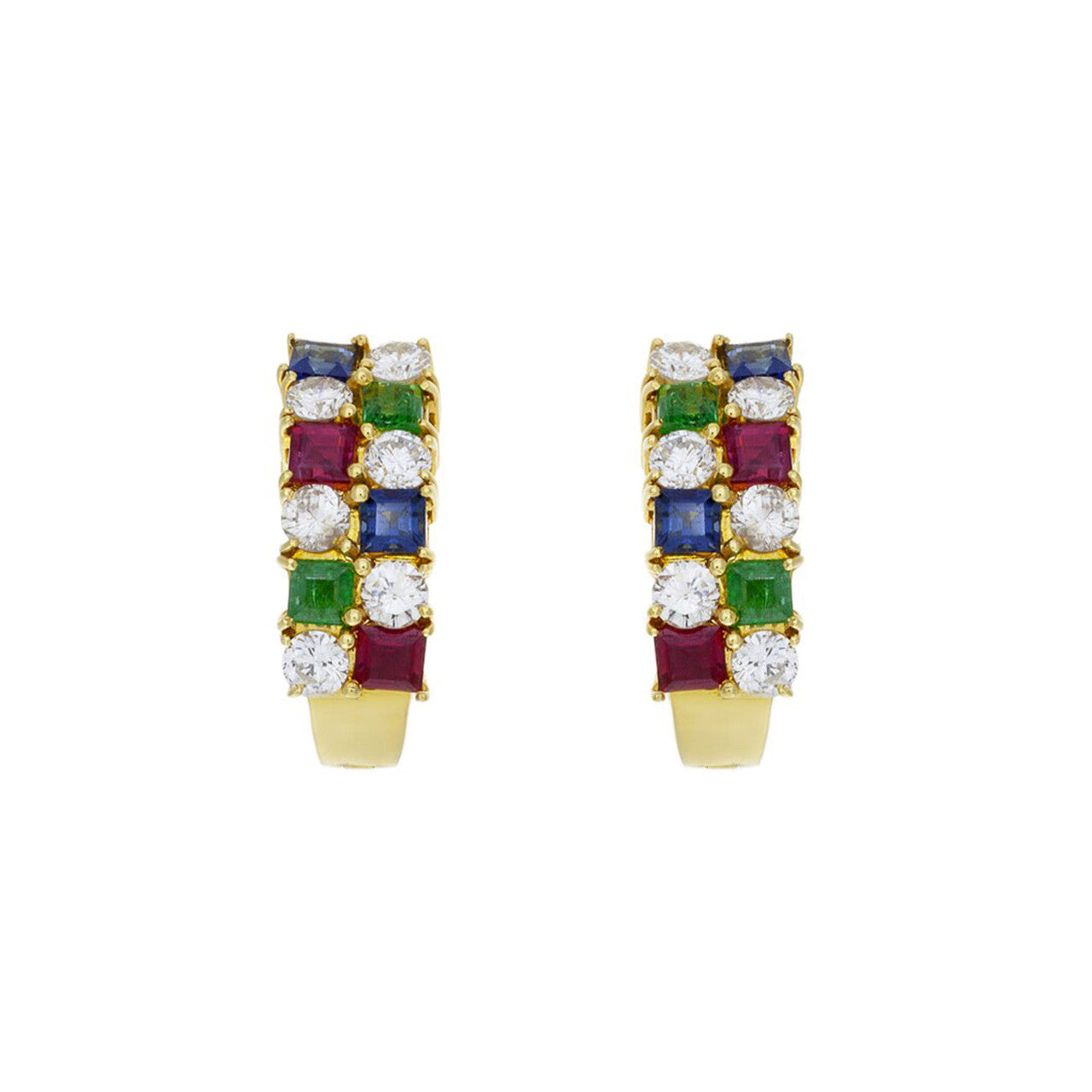 Exclusive 18K Gold Sapphire Ruby Emerald Diamond Earrings — Front View