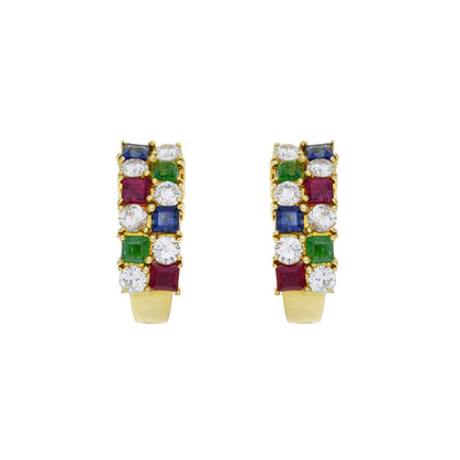 Exclusive 18K Gold Sapphire Ruby Emerald Diamond Earrings — Front View
