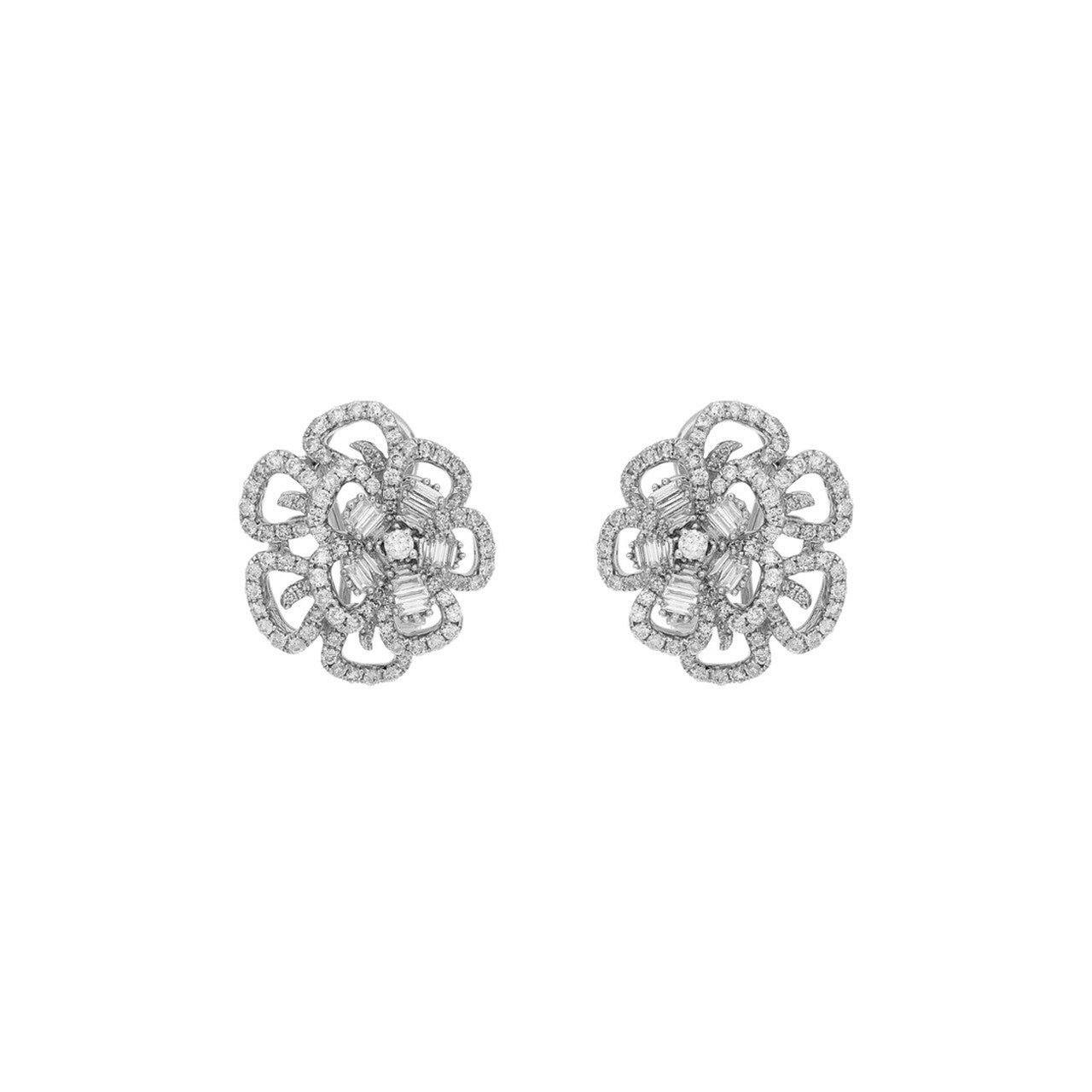 Exclusive 2.44ct Diamond Flower Cluster Earrings | 18K White Gold Blossom Studs — Front View