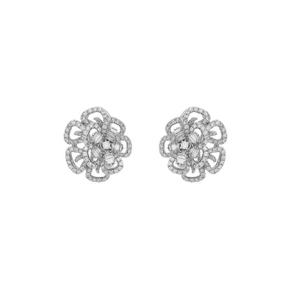 Exclusive 2.44ct Diamond Flower Cluster Earrings | 18K White Gold Blossom Studs — Front View