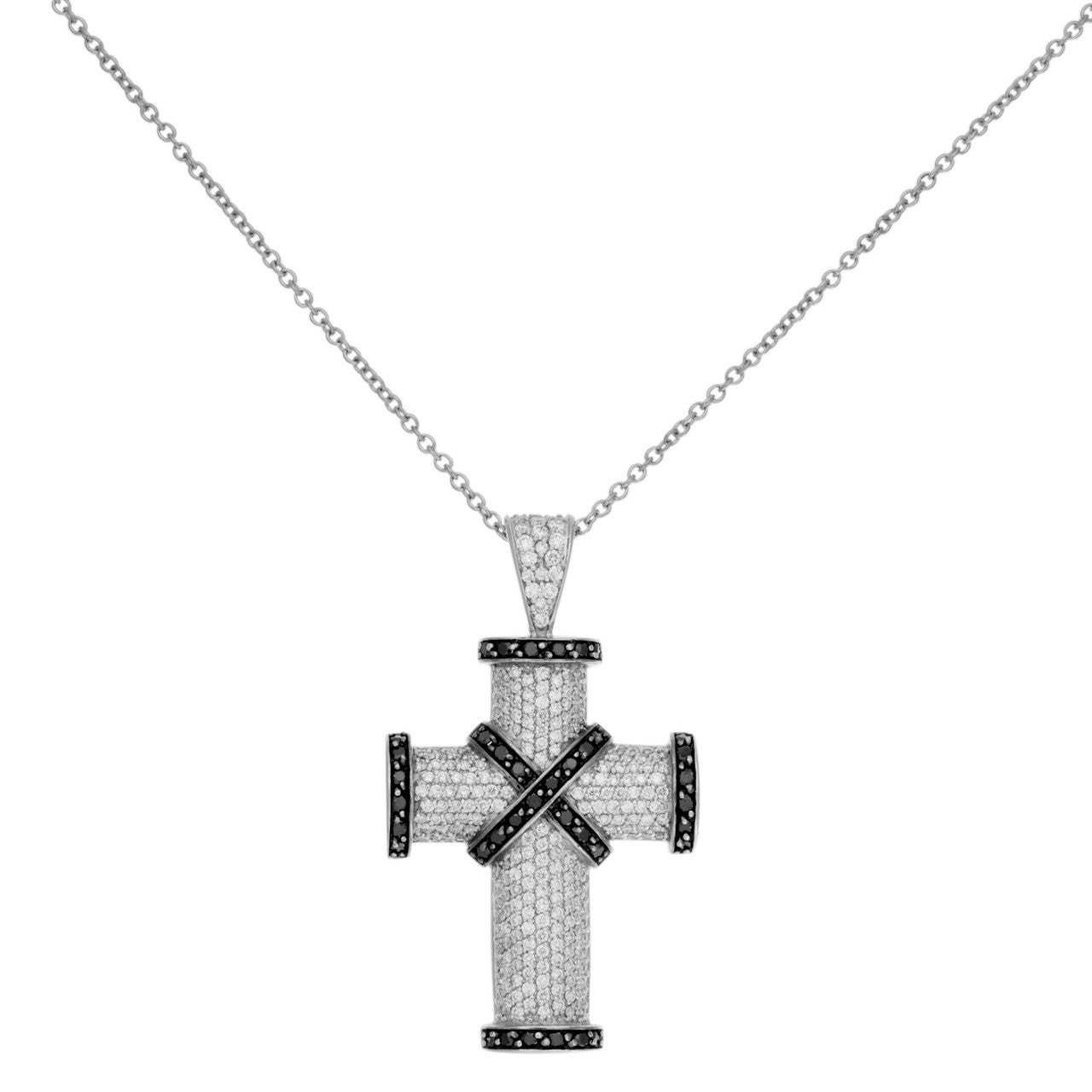 Exclusive 18K White Gold Black & White Diamond Cross Necklace — Front View