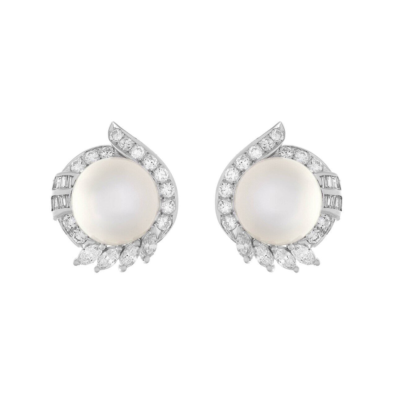 Exclusive 18K White Gold South Sea Pearl 2.10 Carat Diamond Earrings — Front View