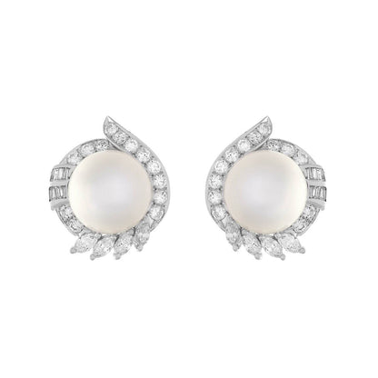 Exclusive 18K White Gold South Sea Pearl 2.10 Carat Diamond Earrings — Front View
