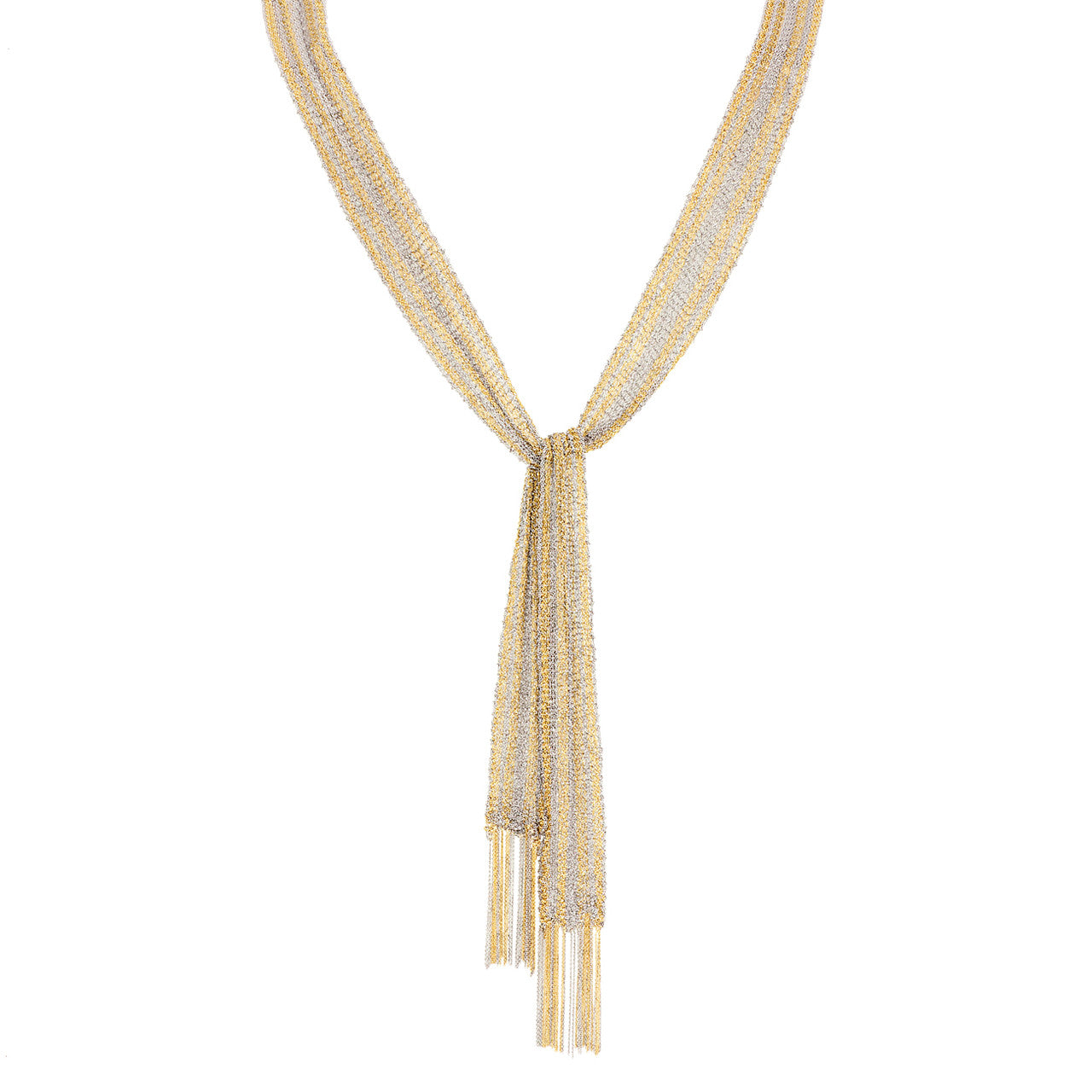 Exclusive 18K Yellow & White Gold Woven Mesh Scarf Necklace — Front View