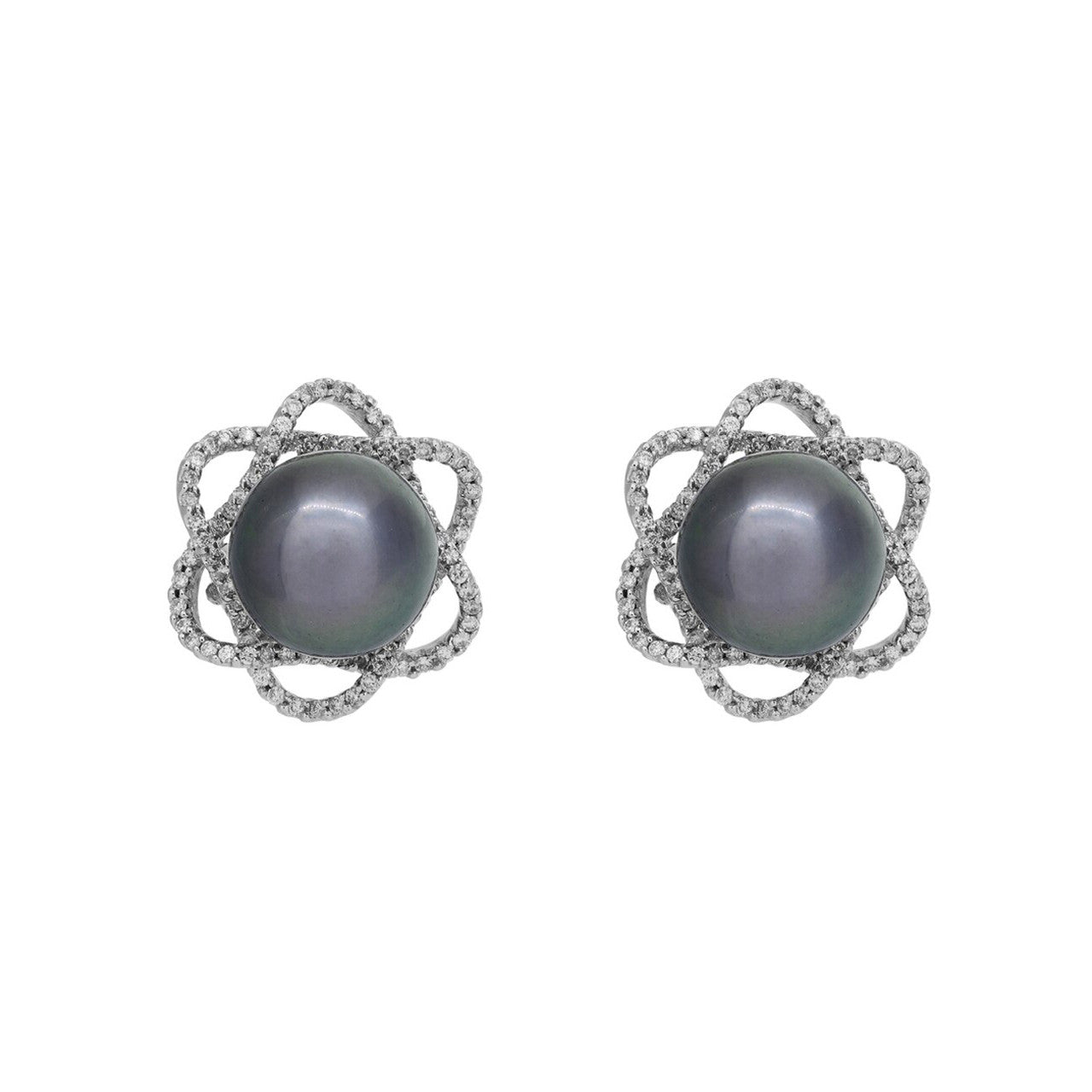 Exclusive 18K White Gold Diamond Framed Tahitian Black Pearl Earrings — Front View