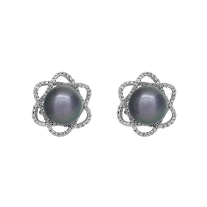 Exclusive 18K White Gold Diamond Framed Tahitian Black Pearl Earrings — Front View