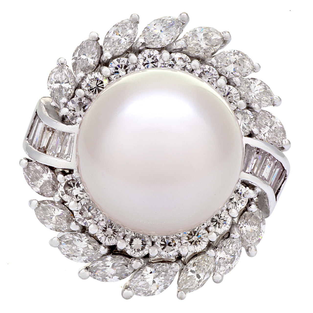 Exclusive 18K White Gold South Sea Pearl Diamond Cluster Ring — 3.75 — Front View