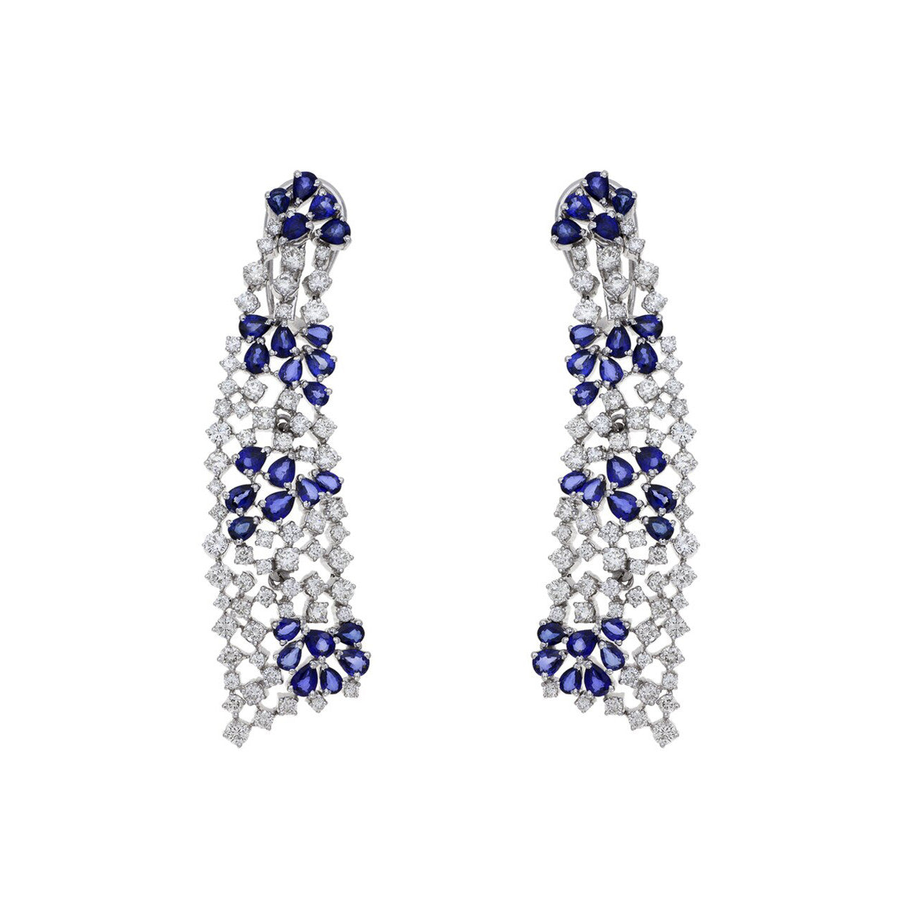 Exclusive 14K White Gold Diamond Sapphire Drop Earrings — Front View