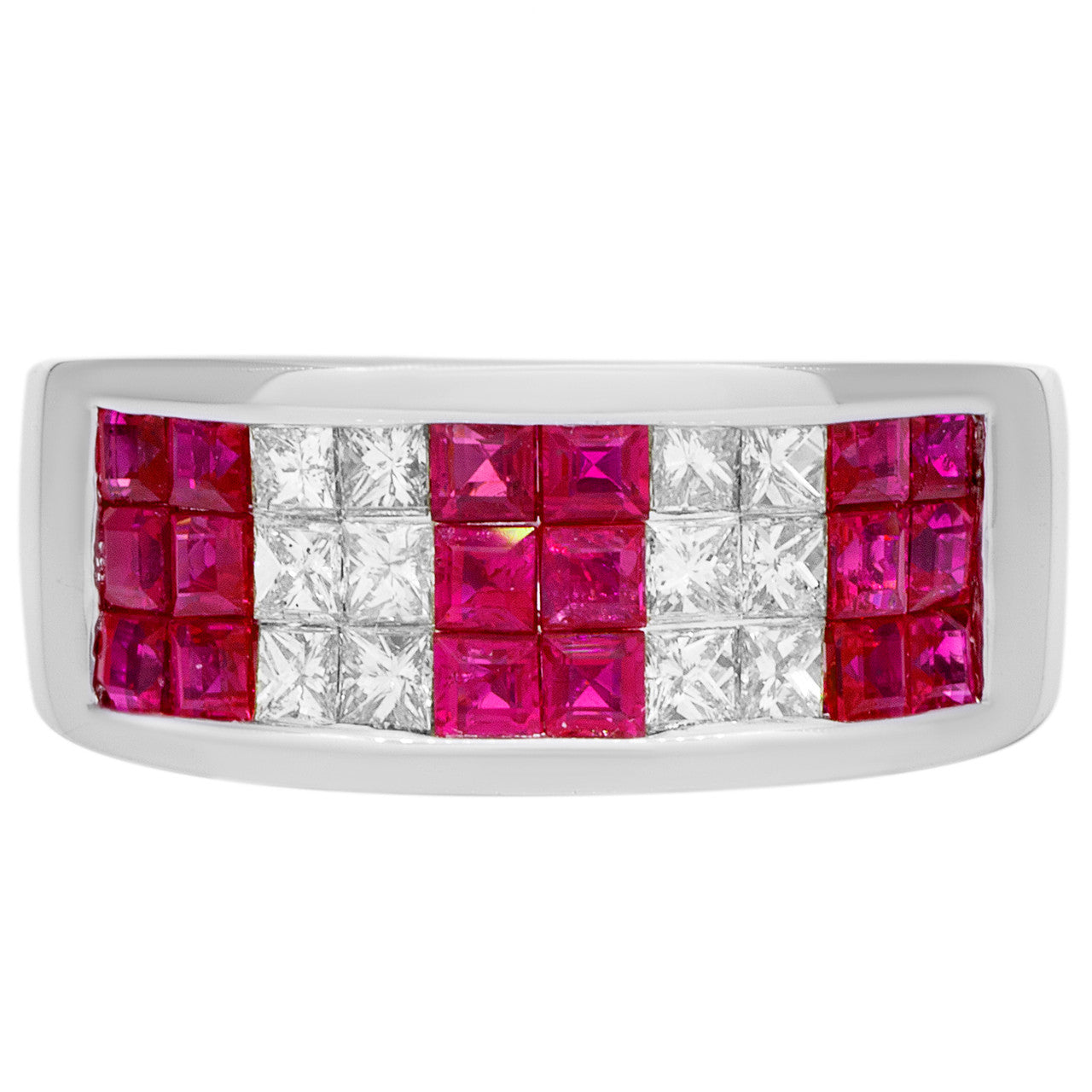 Exclusive 18K White Gold Ruby Diamond Invisible Set Ring — Front View