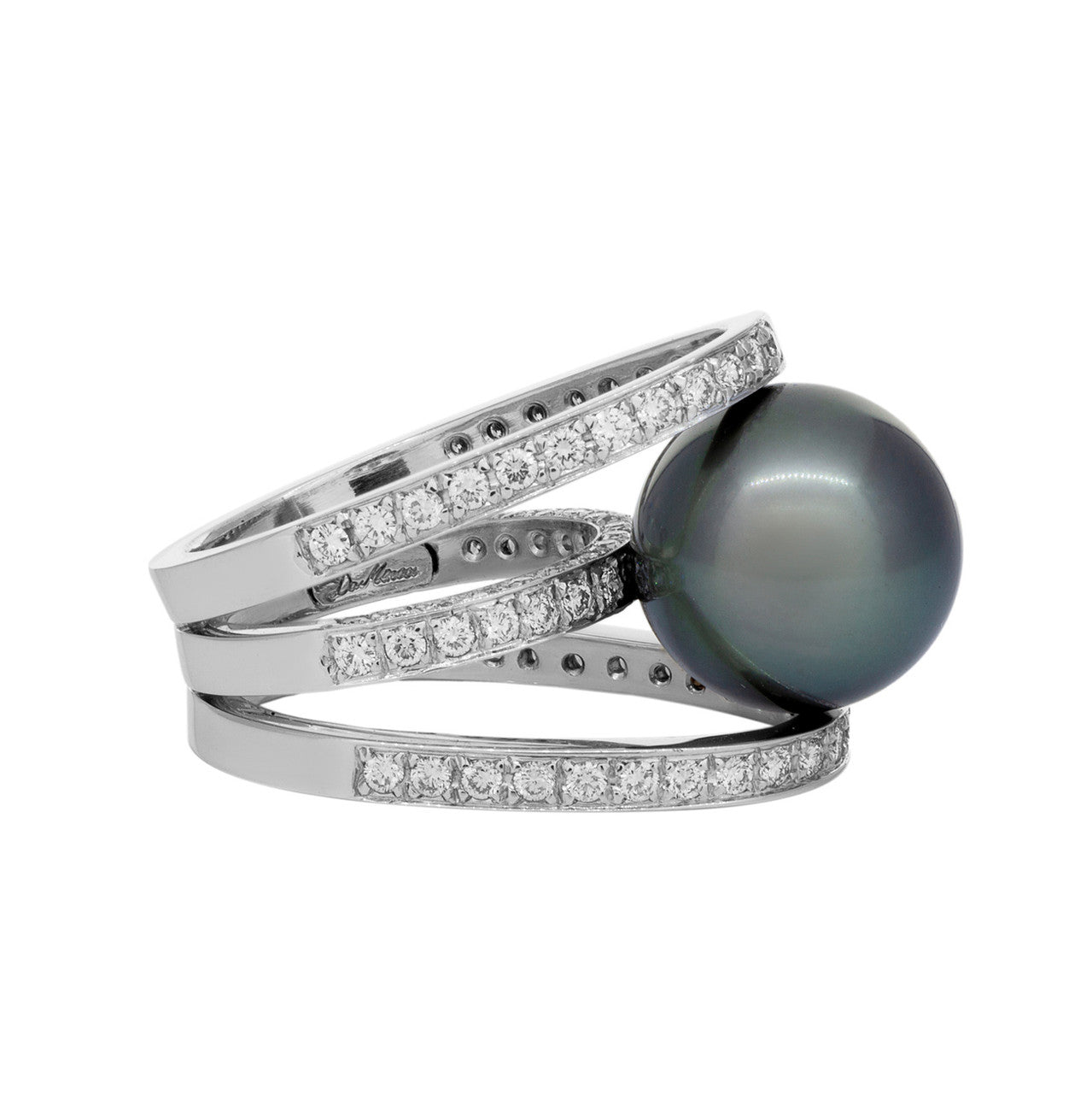 Exclusive 18K White Gold Diamond Tahitian Black Pearl Ring — Side View