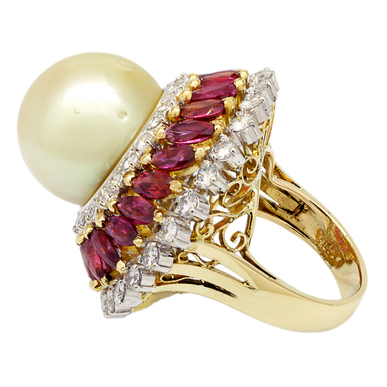 Exclusive 18K Yellow Gold South Sea Pearl, Ruby & Diamond Ring — 3.5 — Side View