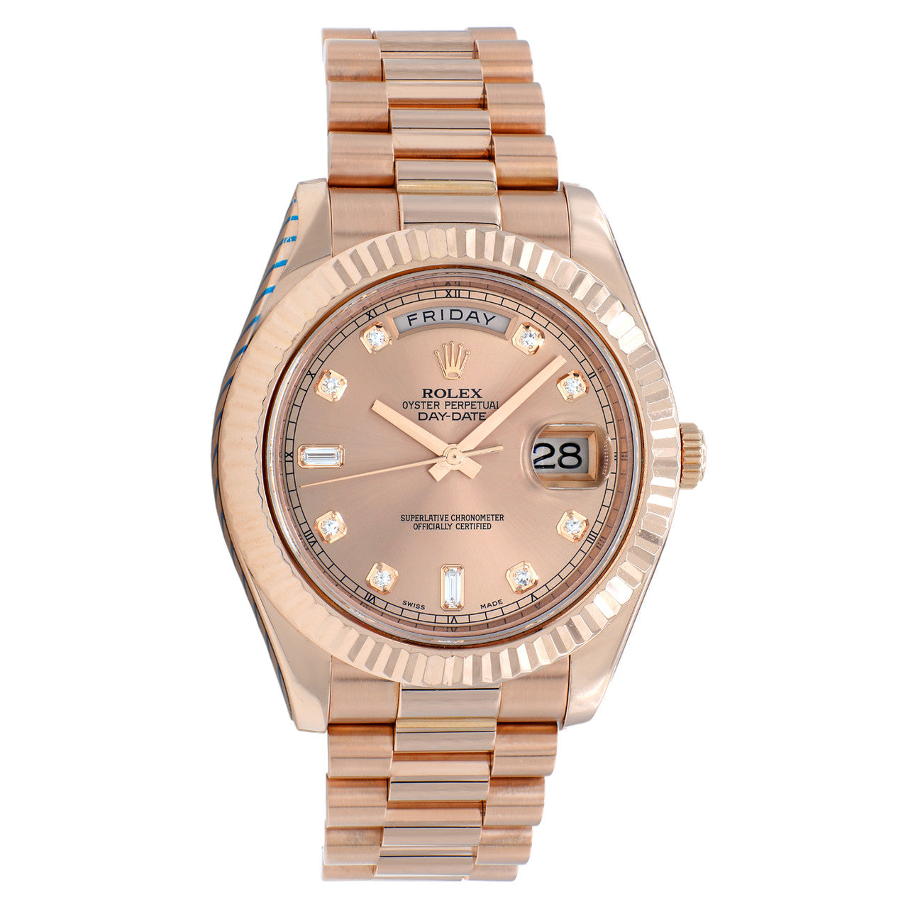 Exclusive Rolex 18K Everose Gold Day-Date II 218235 — Front View