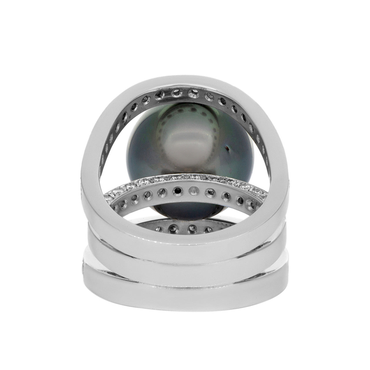 Exclusive 18K White Gold Diamond Tahitian Black Pearl Ring — Back View
