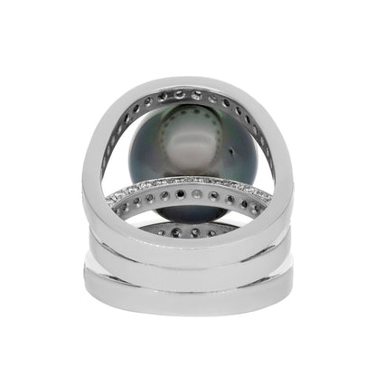 Exclusive 18K White Gold Diamond Tahitian Black Pearl Ring — Back View