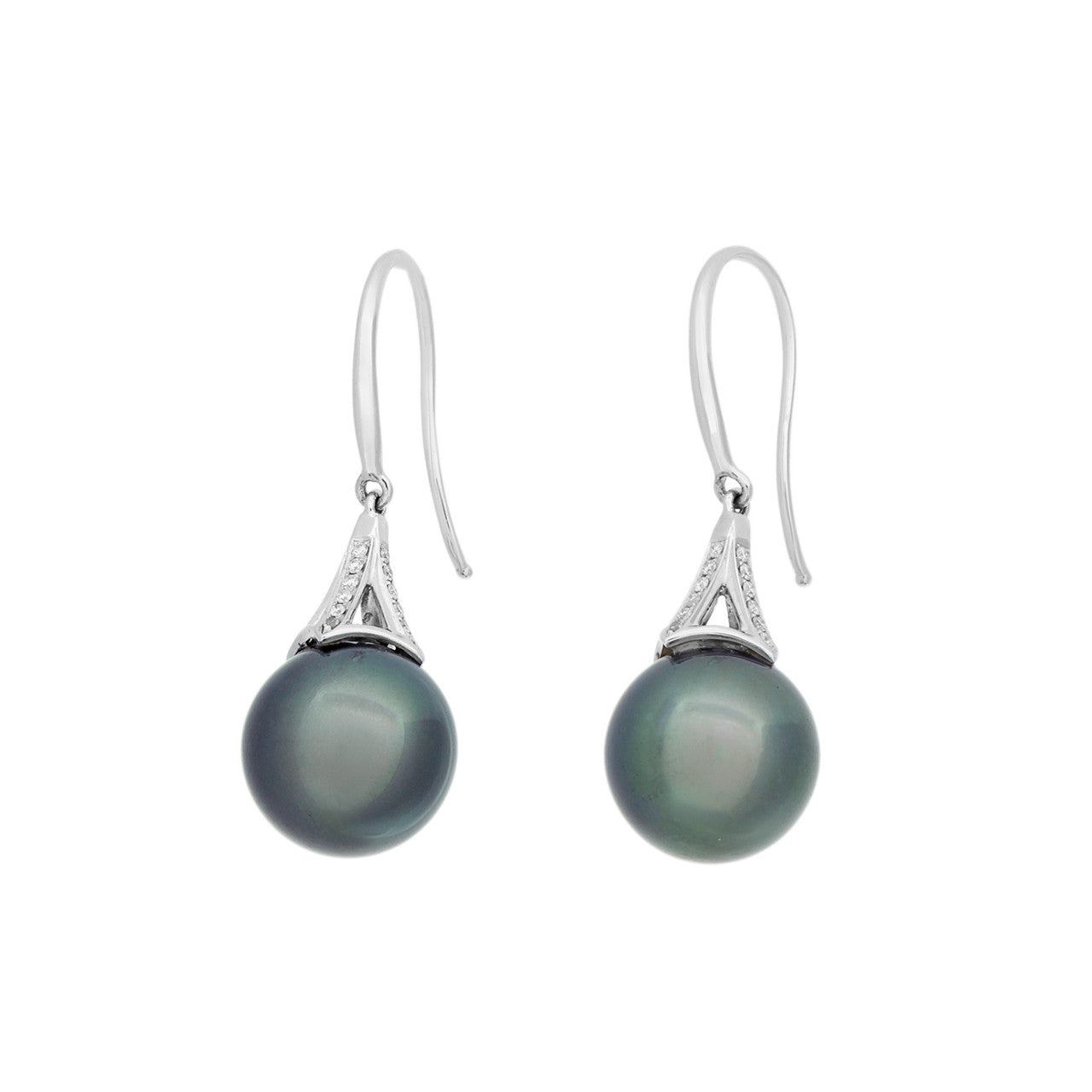 Exclusive 18K White Gold Tahitian Black Pearl Diamond Earrings — Front View