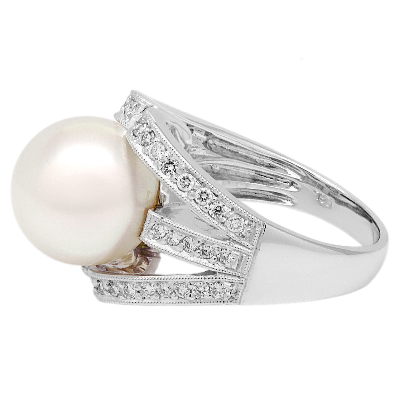 Exclusive 18K White Gold South Sea Pearl 0.46 Carat Diamond Ring — 6 — Side View