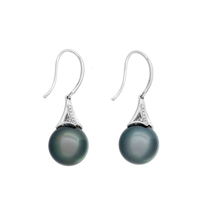 Exclusive 18K White Gold Tahitian Black Pearl Diamond Earrings — Side View