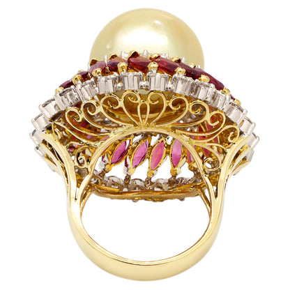 Exclusive 18K Yellow Gold South Sea Pearl, Ruby & Diamond Ring — 3.5 — Back View