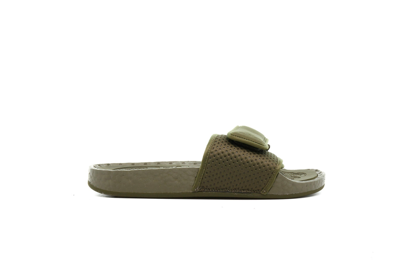 Exclusive adidas Originals x PHARRELL WILLIAMS BOOST SLIDE "OLIVE CARGO" — 3.5 — Front View